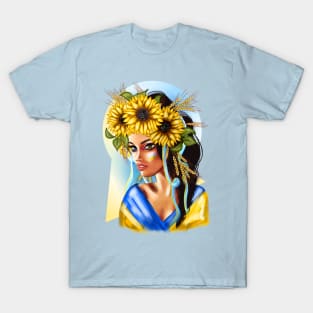 Ukrainian woman with national flag with wheat and flowers T-Shirt